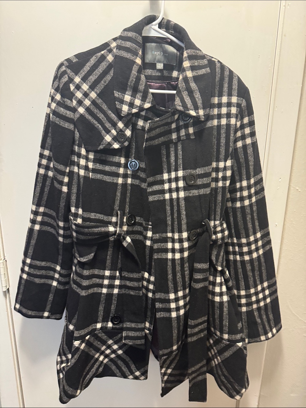 Apt. 9 Black & Cream Plaid Belted Peacoat